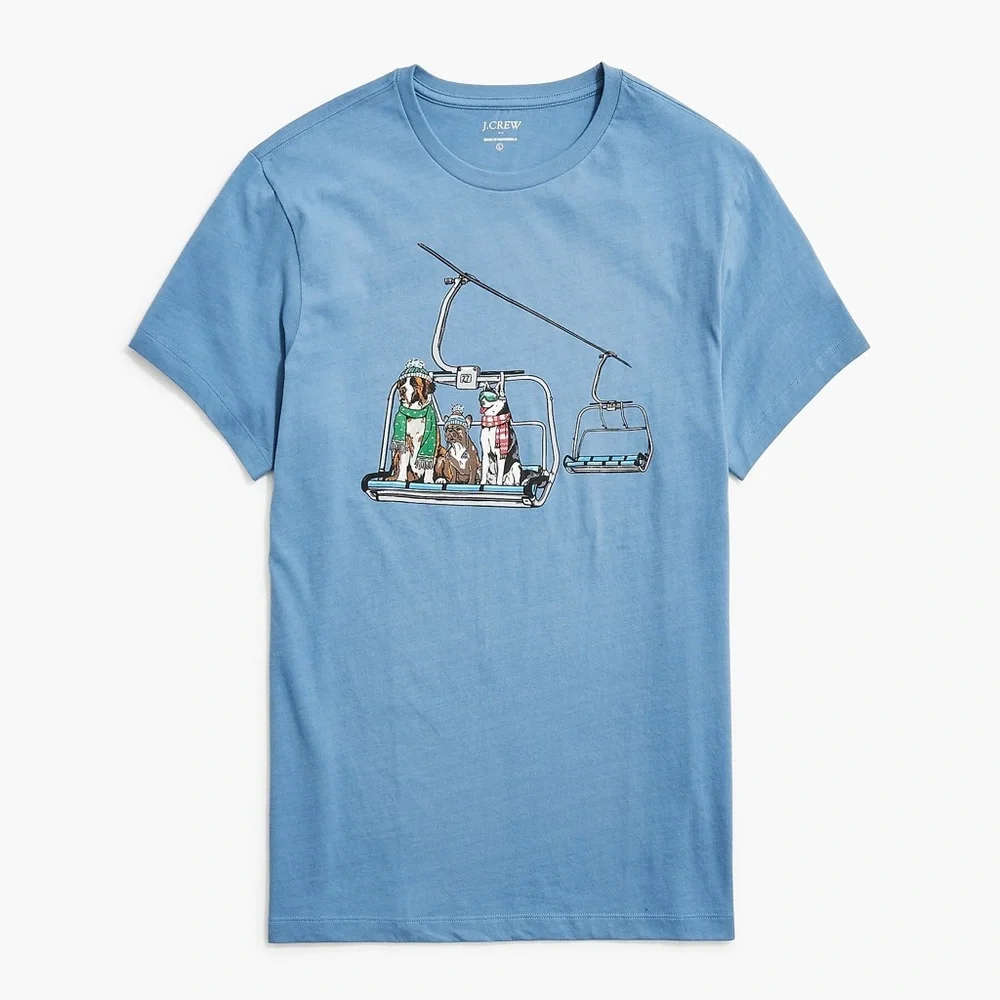 NWT J Crew Factory Dog ski lift graphic blue cotton tee winter Sold out XL - Picture 4 of 6